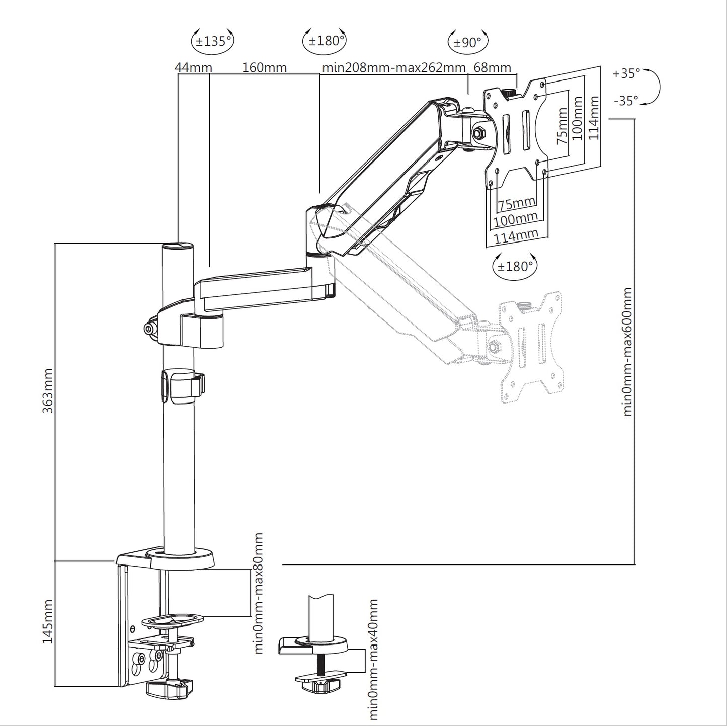 Single Monitor Mount Arm Pole Height Adjustable Stand for One Screen 17" - 32"
