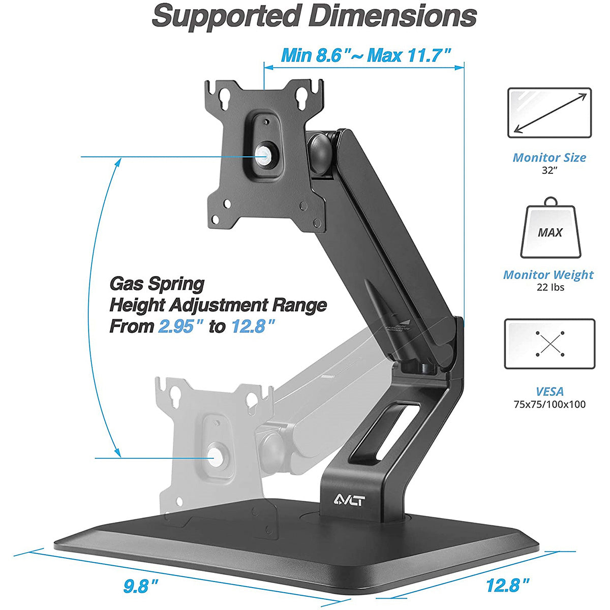 Uplite Ergonomic Free Standing Touch Screen Monitor Stand Fully Adjustable Gas | with base for 1 Screen up to 32"