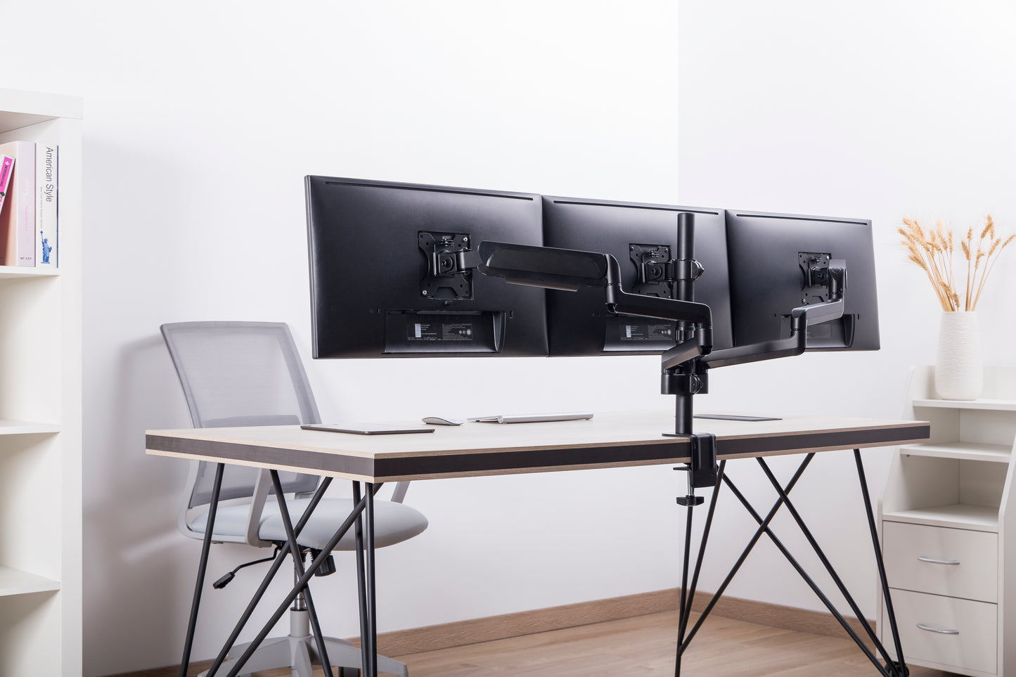 Triple Monitor Mount Arm Pole Height Adjustable Stand for Three Screens 17" - 27"