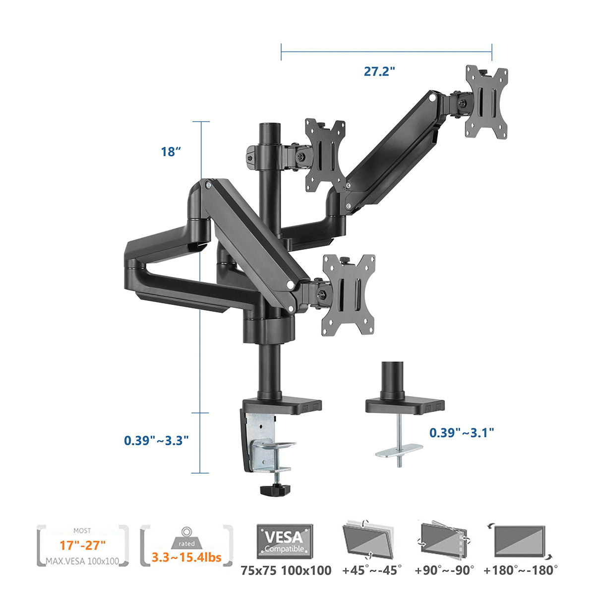 Triple Monitor Mount Arm Pole Height Adjustable Stand for Three Screens 17" - 27"