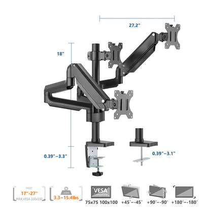 Triple Monitor Mount Arm Pole Height Adjustable Stand for Three Screens 17" - 27"