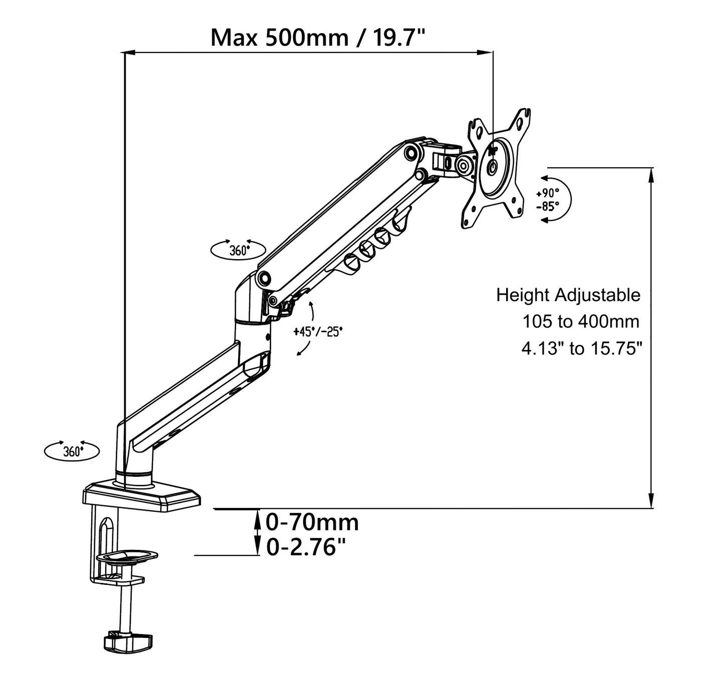 Single Monitor Mount Height Adjustable Gas Spring Arm for 15” - 32" Screen